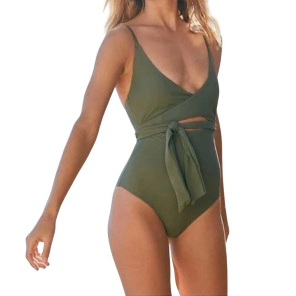 Aerie Wrap Tie One-Piece Swimsuit Sage Green Full Coverage NWT Size Large